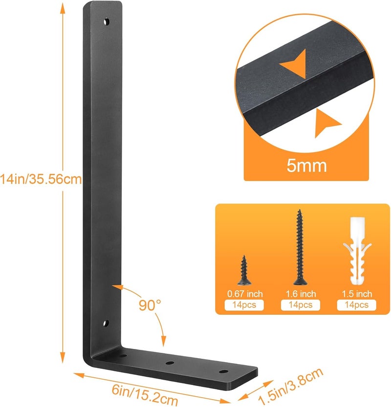 Aunulahca Floating Shelf Bracket 14 Inch, 6 Pack Heavy Duty Shelf Brackets, Black Wall Shelf Bracket for DIY Decorative with Mounting Hardware - Image 4